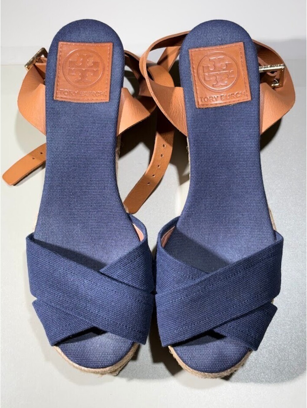 Tory Burch Navy Canvas Espadrille Wedge Sandals - Picture 5 of 9